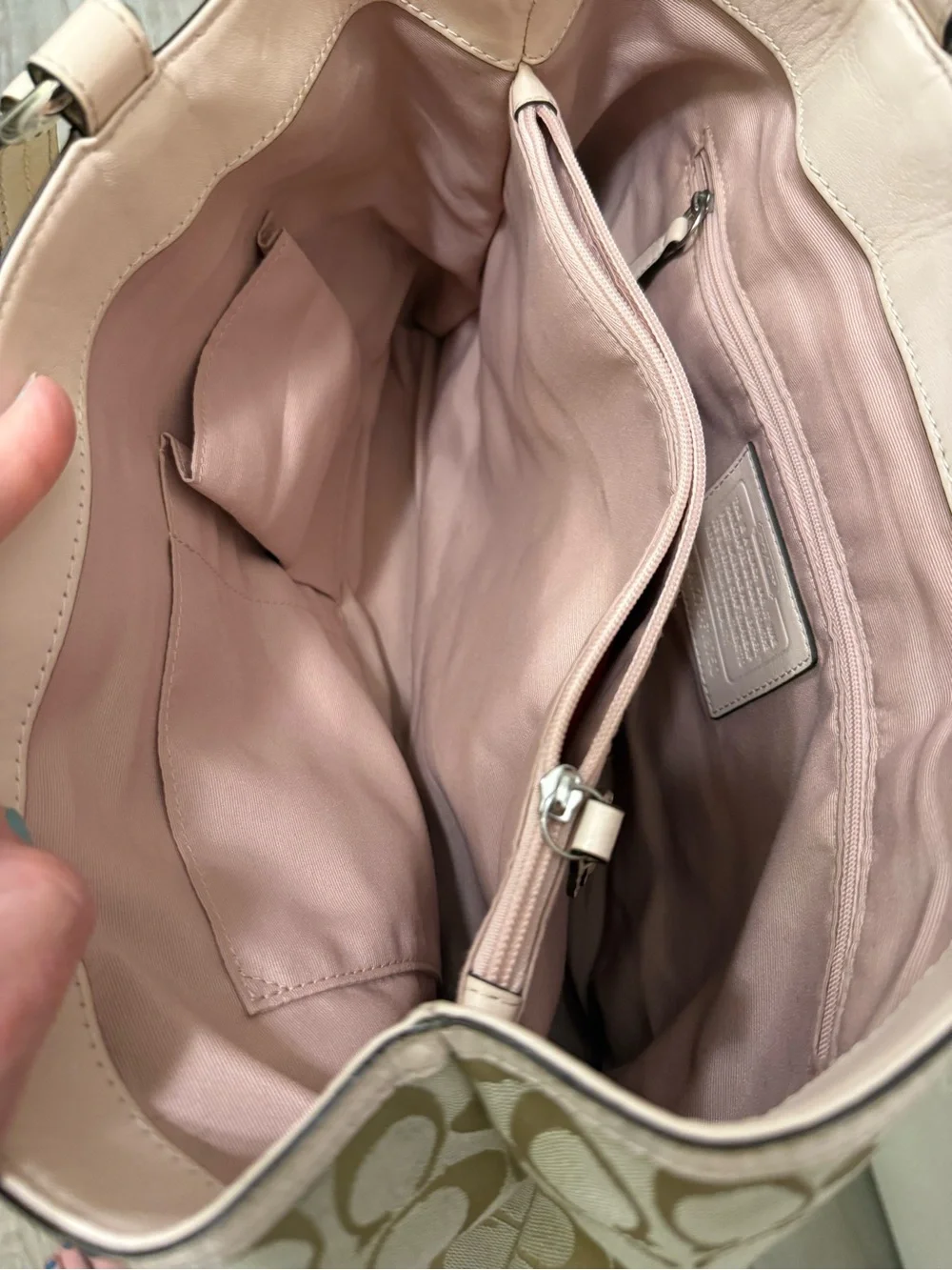 Coach VintageBeige Signature Shoulder Bag with Pale Pink Trim and Yellow Accent